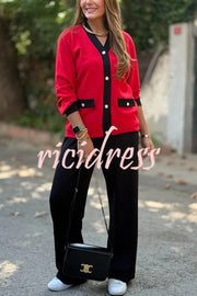 Stylish Color-blocked V-neck Knitted Button-down Cardigan and Elastic Waist Casual Wide-leg Pants Set