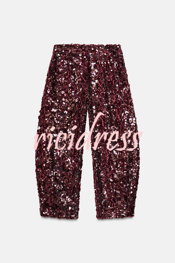 Gala Goddess Sequin High Rise Zipper Waist Wide Leg Pants
