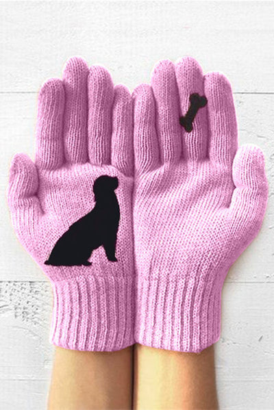 Printed Knitted Gloves Short Thickened Warm Finger Gloves-Dog