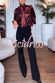 Ariella Metallic Satin Fabric Tie-up Bow Neck Long Sleeve Blouse