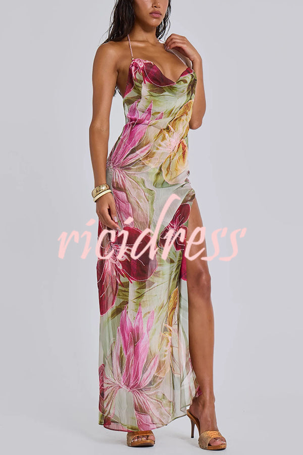 Floral Print Sexy Backless Slit See-Through Holiday Maxi Dress