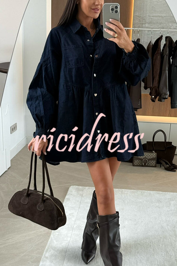 Fashion Heart Button Long Sleeve Casual Pocket Denim Mini Dress