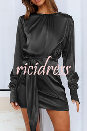 Satin Round Neck Long Sleeve Elastic Tie Mini Dress