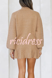 Solid Color Round Neck Puff Sleeve Loose Knit Sweater and Casual Striped Mini Skirt Set