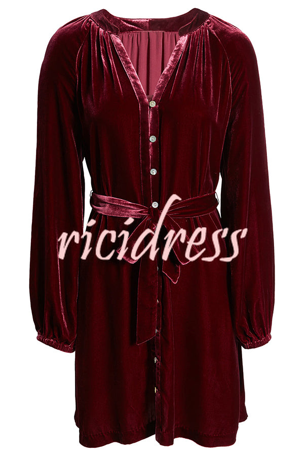 Solid Color Velvet Long-sleeved V-neck Lace-up Mini Dress