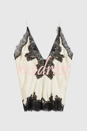 Party Focus Contrast Color Satin Lace Trim V-Neck Slip Tank
