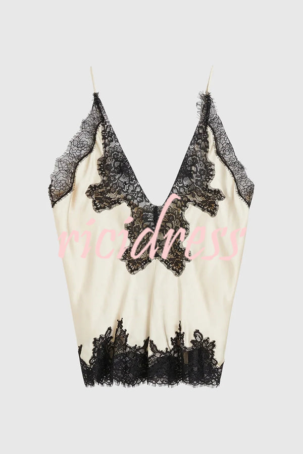 Party Focus Contrast Color Satin Lace Trim V-Neck Slip Tank