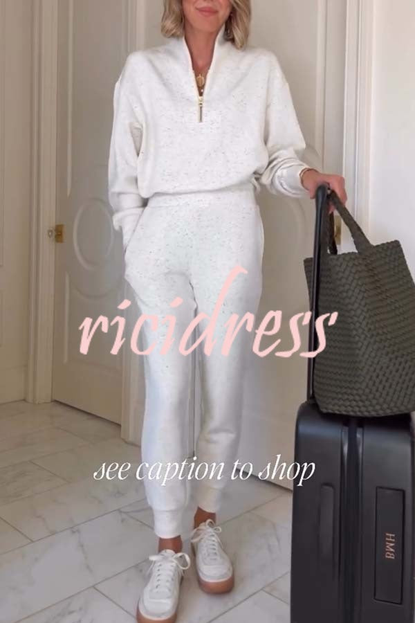 Ivory Marl Fleck Half-Zip Neck Long Sleeve Sweatshirt and Elastic Waist Pocket Jogger Set