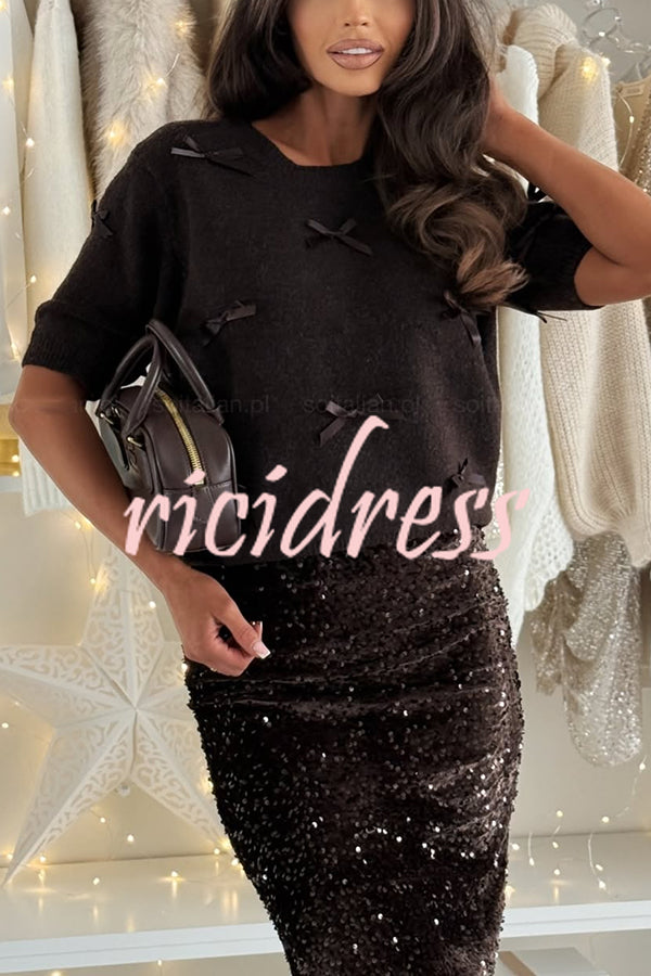 Light The Night Knit Satin Bow Detail Short Puff Sleeve Sweater