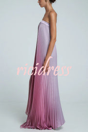 Gorgeous Styling Satin Pleated Elastic Bust Strapless A-line Gown Maxi Dress