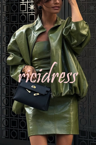 Solid Color Loose Long Sleeve Pocket Casual Leather Jacket