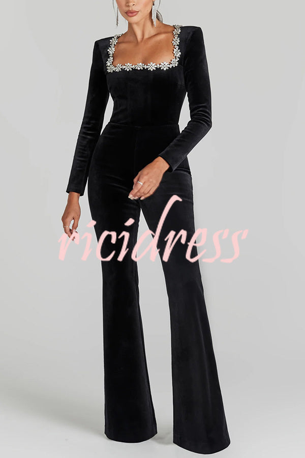 Classic Charm Velvet Jewel Embellished Trim Long Sleeve Flare Jumpsuit