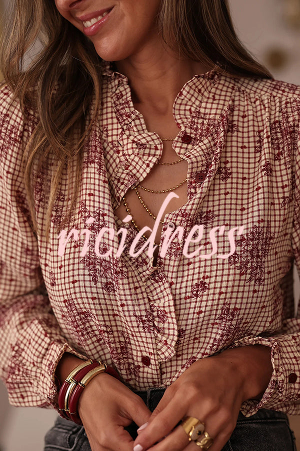 Plant Plaid Printed Long-sleeved Ruffles Casual Shirt