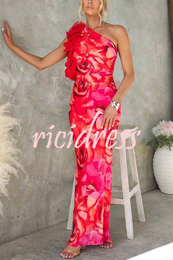 Floral Print Sleeveless 3D Flower One Shoulder Slim Maxi Dress