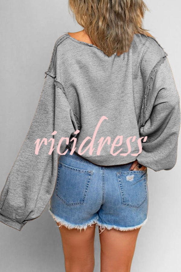 Lantern Sleeve Solid Color Round Neck Raw Edge Hoodie