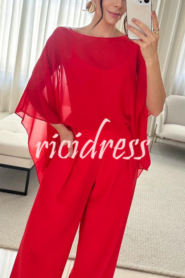Vanie Chiffon Cape Batwing Sleeve Top and High Waist Pocket Wide Leg Pants Set