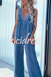 Solid Color Sexy V-neck Open Back Pleated Loose Denim Jumpsuit