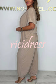 Solid Color V-neck Short-sleeved Waist-tied Loose Casual Jumpsuit