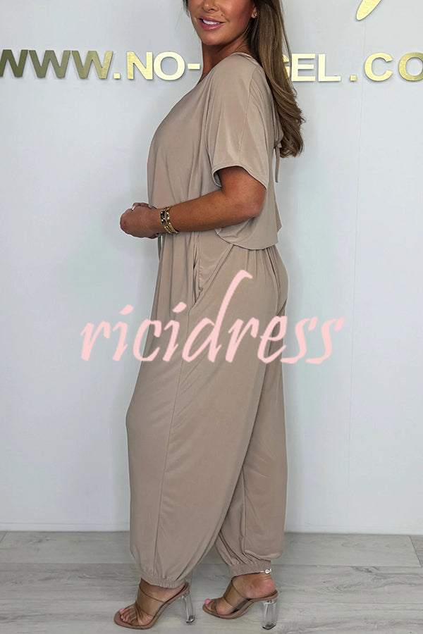 Solid Color V-neck Short-sleeved Waist-tied Loose Casual Jumpsuit