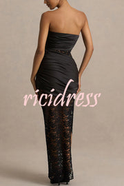 Dulcie Lace and Satin Patchwork Asymmetrical Pleats Bandeau Maxi Dress