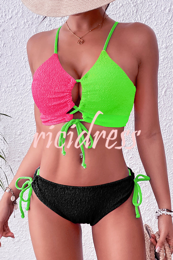 Fashion Contrast Color Sexy Cross Strap Stretch Two Piece Bikini Swimsuit