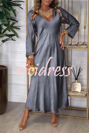 Solid Color V-neck Long-sleeved Loose Draped Maxi Dress