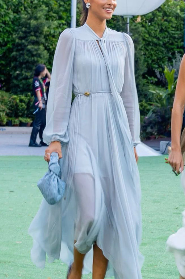 Elegant and Graceful Tie-up Neck Long Balloon Sleeve Handkerchief Midi Dress