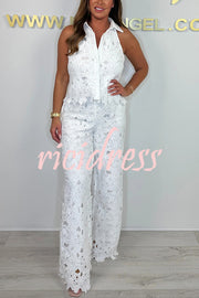 Delighted Embroidery Floral Hollow Lace Shirt-neck Vest and Wide Leg Pants Set
