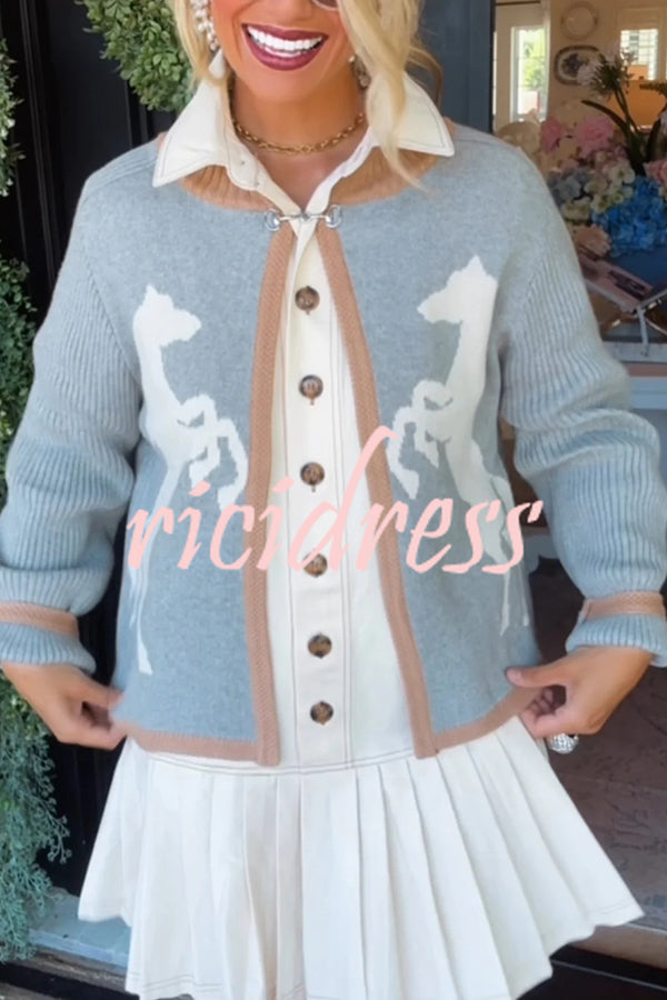 Stylish White Horse Pattern Casual Long-sleeved Knitted Cardigan