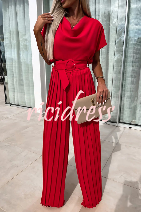 Ivy Cowl Neck Short Sleeve Belt Pleated Loose Wide Leg Jumpsuit