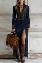 Fashionable Embroidered Fitted Long-sleeved Tassel Hem Maxi Dress