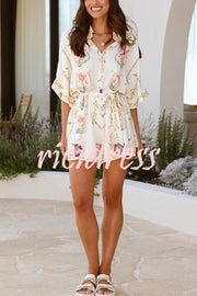 Plant Print Lapel Half Sleeve Tie Waist Loose Rompers