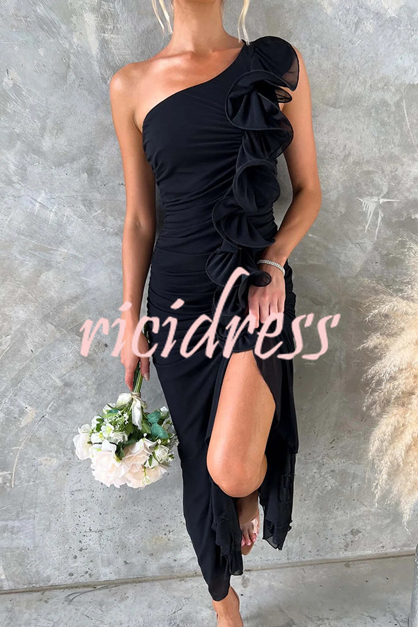 Fashion One-shoulder Pleated Sexy High Slit Slim Dress