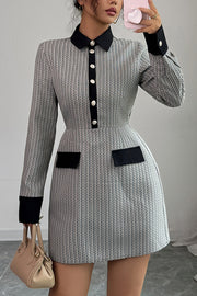 Fashion Button Long Sleeve Waist Elegant Mini Dress