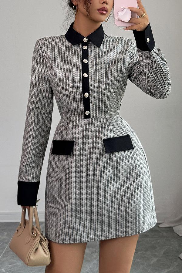 Fashion Button Long Sleeve Waist Elegant Mini Dress