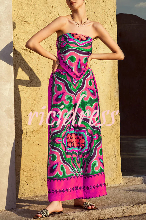Ethnic Style Unique Print Tube Top and Elastic Waist Casual Pocket Wide Leg Pants Set