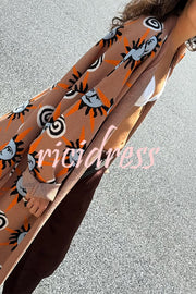 Mediterranean Art Knit Unique Sun Vortex Print Bell Sleeve Long Cardigan