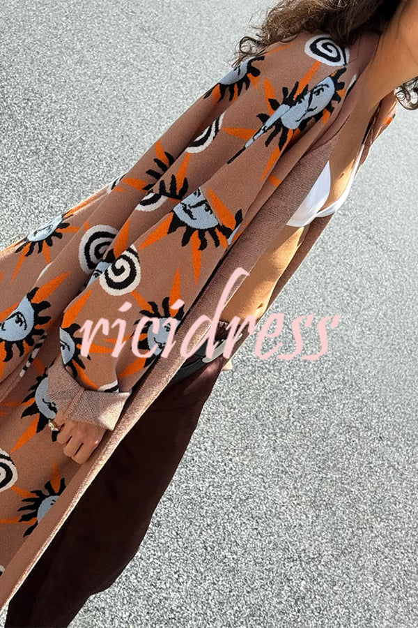 Mediterranean Art Knit Unique Sun Vortex Print Bell Sleeve Long Cardigan