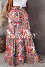 Floral Print Stretch Elastic Waist Pocket High Waist Skirt