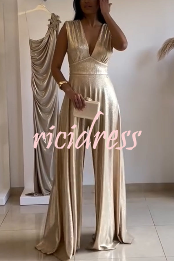 Roisin Metallic Fabric Ruched Shoulder V-neck Wide Leg Drape Jumpsuit