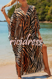 Simple Unique Printed Pleated Front Slit Cover Up