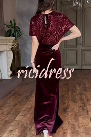 Elegant V-neck Sequined Velvet Stitching Sexy Slit Maxi Dress