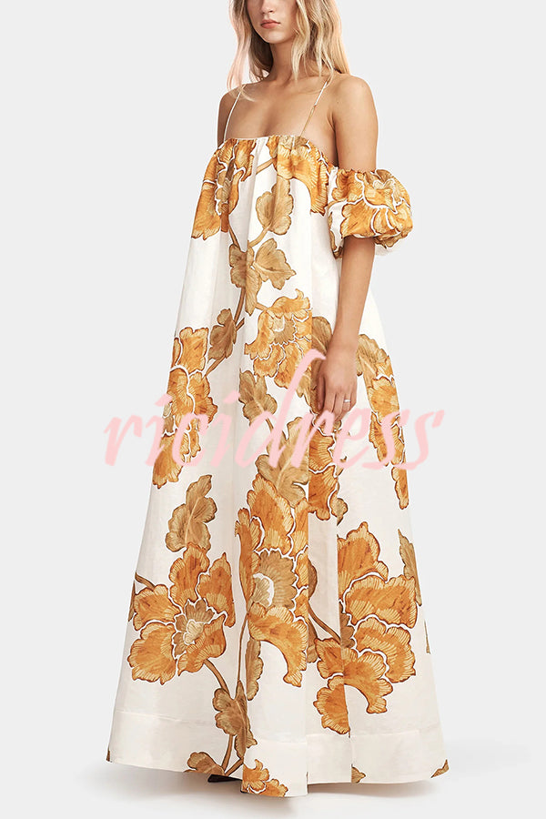 Floral Print Suspenders Puff Sleeves Loose Pocket Holiday Maxi Dress