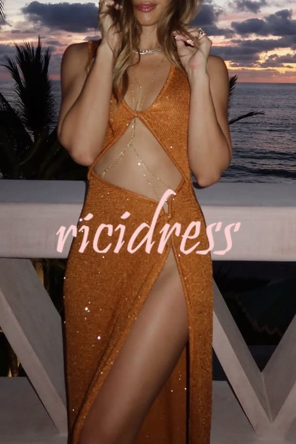 Beautiful Figure Shiny Knit Fabric Cutout Side Slit Stretch Vacation Maxi Dress
