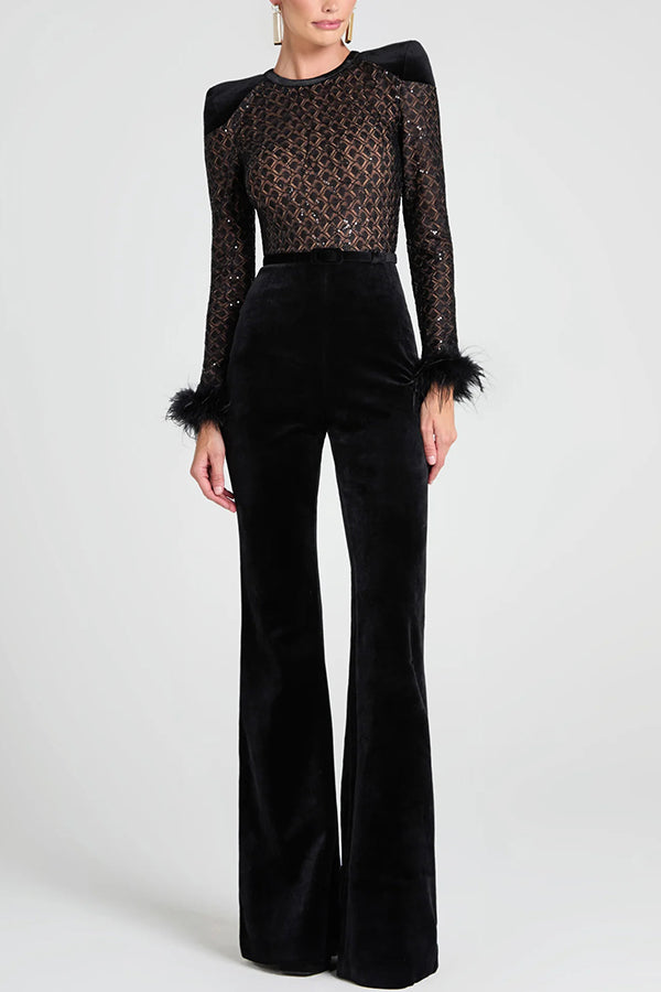 Monique Fish Scale Lace Sequin Velvet Patchwork Feather Trim Belted Stretch Flare Jumpsuit