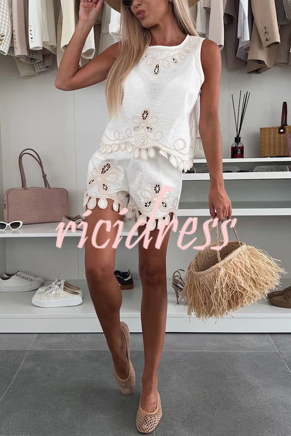 Angie Embroidery Cut-out Sleeveless Top and Elastic Waist Loose Shorts Set