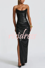 Alba Faux Leather Pleated Off Shoulder Neck Slit Stretch Maxi Dress