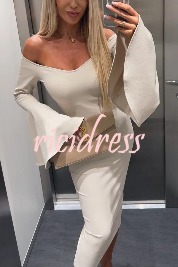 Solid Color Sexy Off-shoulder Trumpet Sleeve Slim Midi Dress