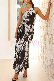 Laken Floral Print One Shoulder Adjustable Tie Cutout Pleated Maxi Dress