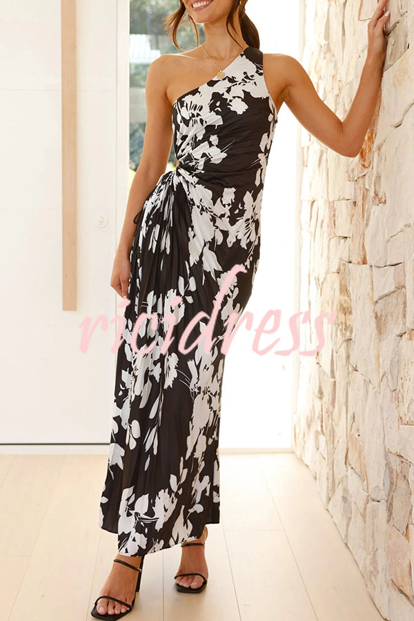 Laken Floral Print One Shoulder Adjustable Tie Cutout Pleated Maxi Dress